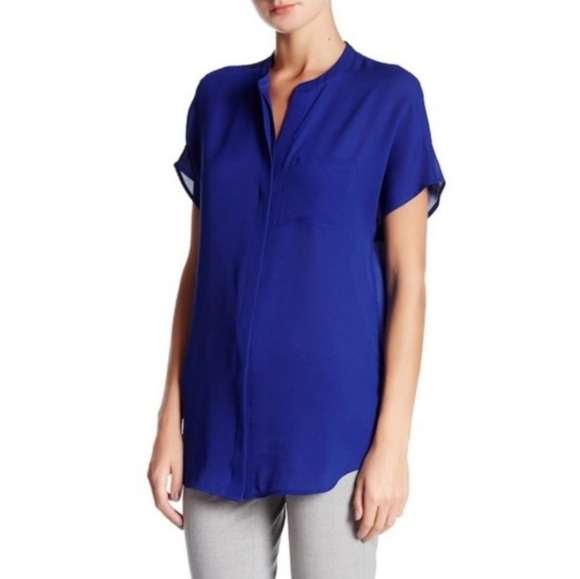 Vince Cobalt Blue Silk Cap Sleeve V Neck Button Down Short Sleeve Blouse size XS - Picture 1 of 10